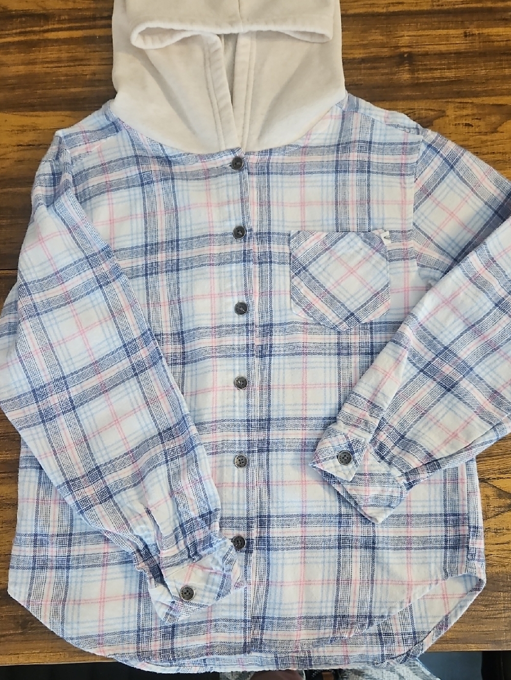 Roxy Kids Hooded Plaid Button-Down Shirt - Blue & Pink